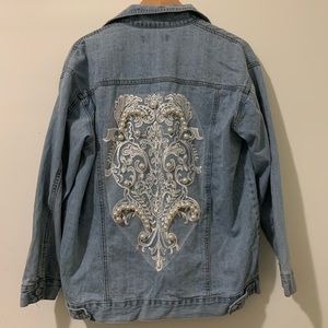 Oversized denim jacket with lace & pearl embroidery